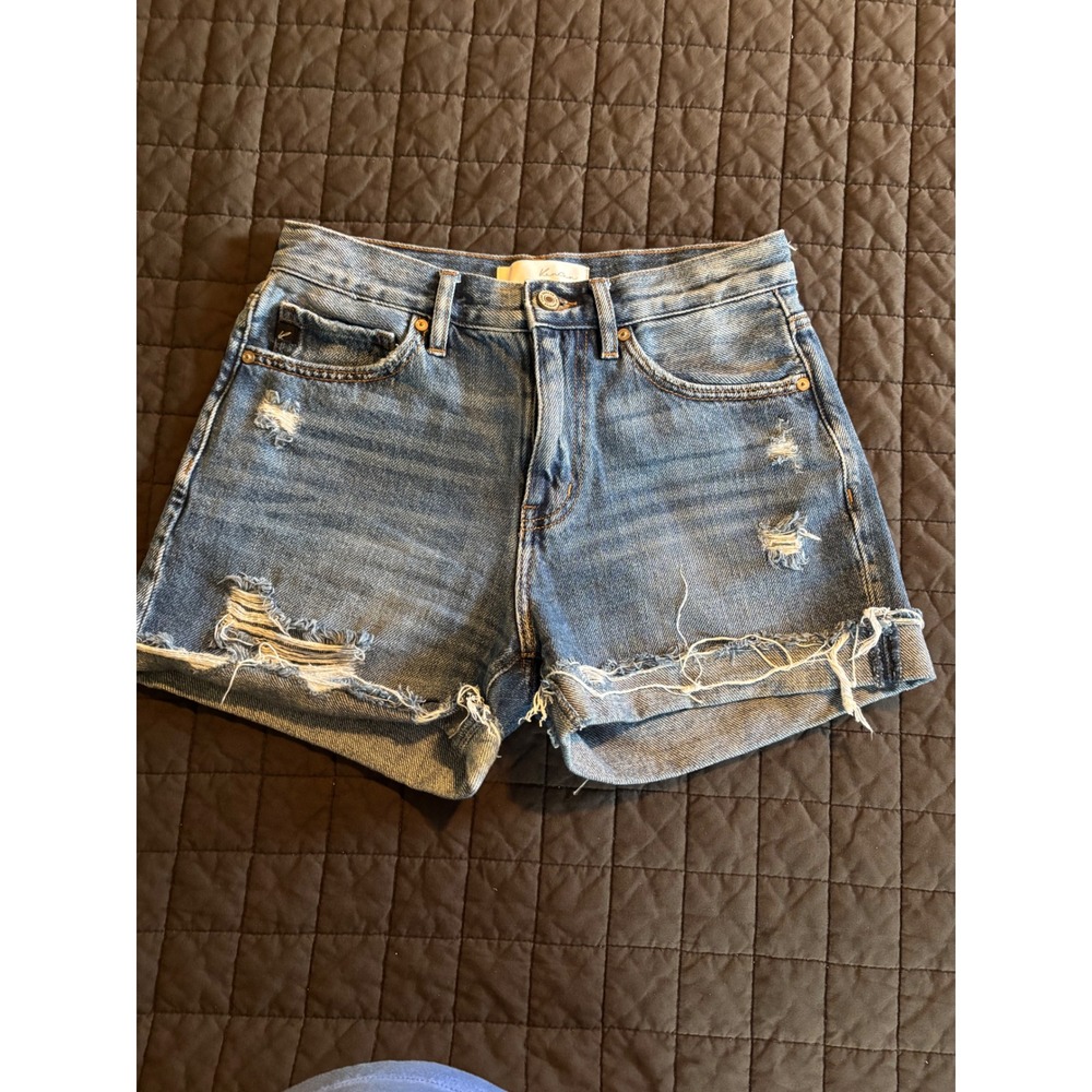 Kancan High Rise Distressed‎ Denim Shorts Medium Wash Blue Raw Hem Size 25 (3)